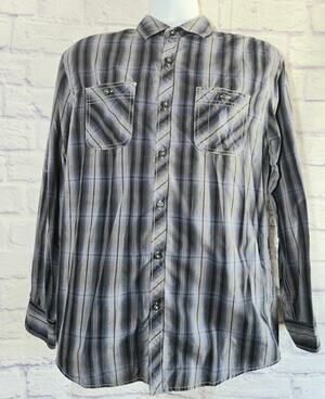 Michael Brandon Gray Blue Stripe Button Up Roll Tab Sleeves Men's Shirt Medium